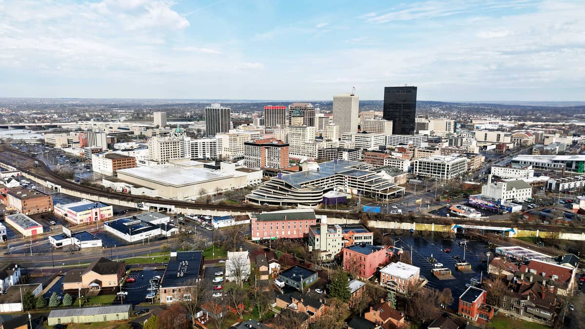 Aerial view of the downtown Dayton, Ohio skyline